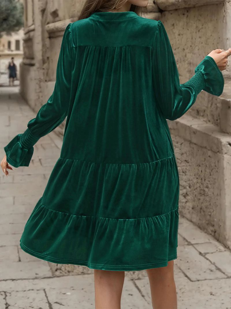 Vestido Feminino Veludo Verde Escuro Com Decote Em V E Mangas Babados Camadas Vestidos Plissados - Verde Escuro