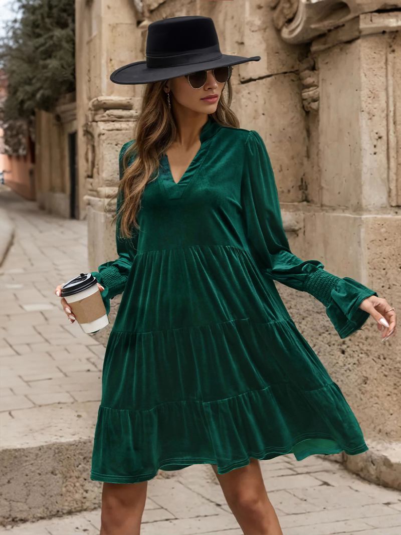 Vestido Feminino Veludo Verde Escuro Com Decote Em V E Mangas Babados Camadas Vestidos Plissados - Verde Escuro