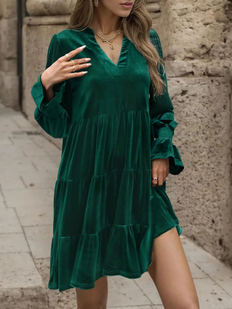 Vestido Feminino Veludo Verde Escuro Com Decote Em V E Mangas Babados Camadas Vestidos Plissados - Verde Escuro