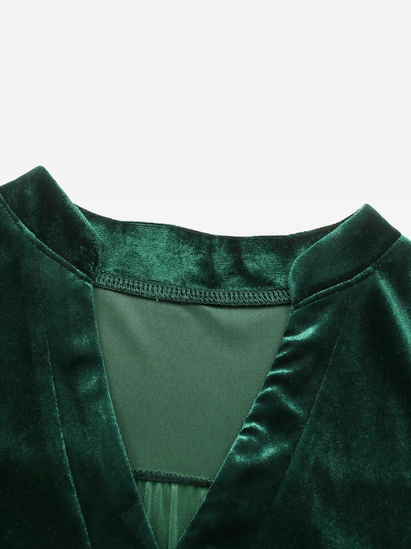 Vestido Feminino Veludo Verde Escuro Com Decote Em V E Mangas Babados Camadas Vestidos Plissados - Verde Escuro