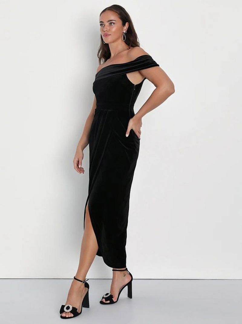 Vestido Maxi Feminino Veludo Com Ombro Fora E Fenda Alta Plissado Vestidos Baile Coquetel - Preto