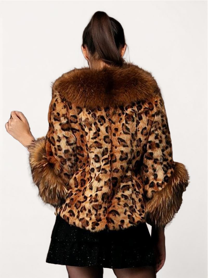 Casaco Feminino Com Estampa Leopardo E Decote Em V Acabamento Pele Sintética Grandes Dimensões Para Inverno - Leopardo