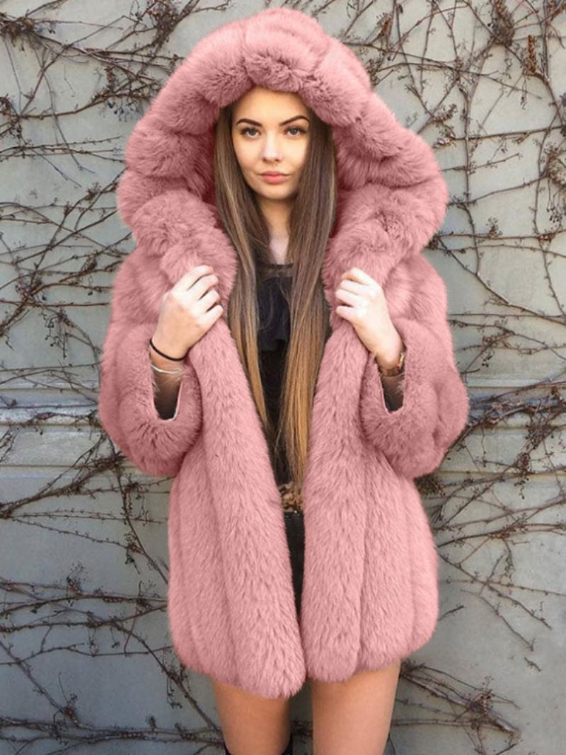 Casaco Pele Sintética Com Capuz Inverno Midi Outerwear Para Mulheres - Rosa