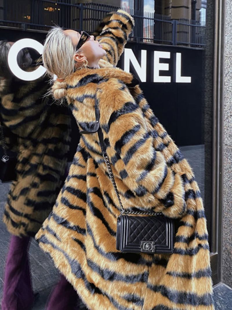 Casaco Pele Sintética Com Estampa Tigre Inverno Midi Agasalhos Para Mulheres - Café Marrom