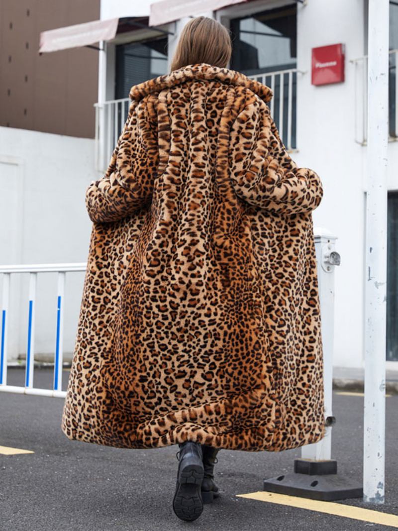 Casacos Longos Pele Sintética Leopardo Inverno Para Mulheres - Café Marrom