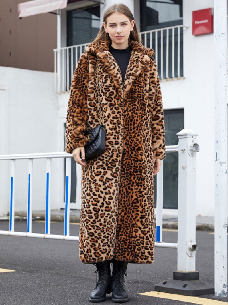 Casacos Longos Pele Sintética Leopardo Inverno Para Mulheres - Café Marrom