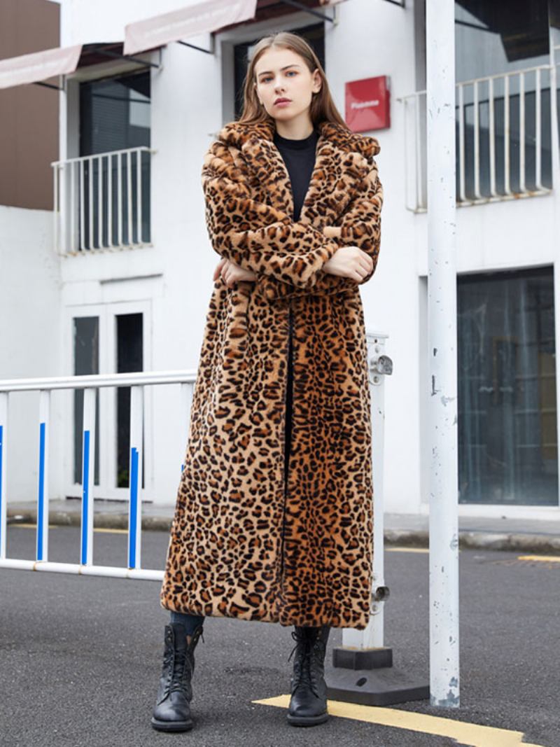 Casacos Longos Pele Sintética Leopardo Inverno Para Mulheres - Café Marrom