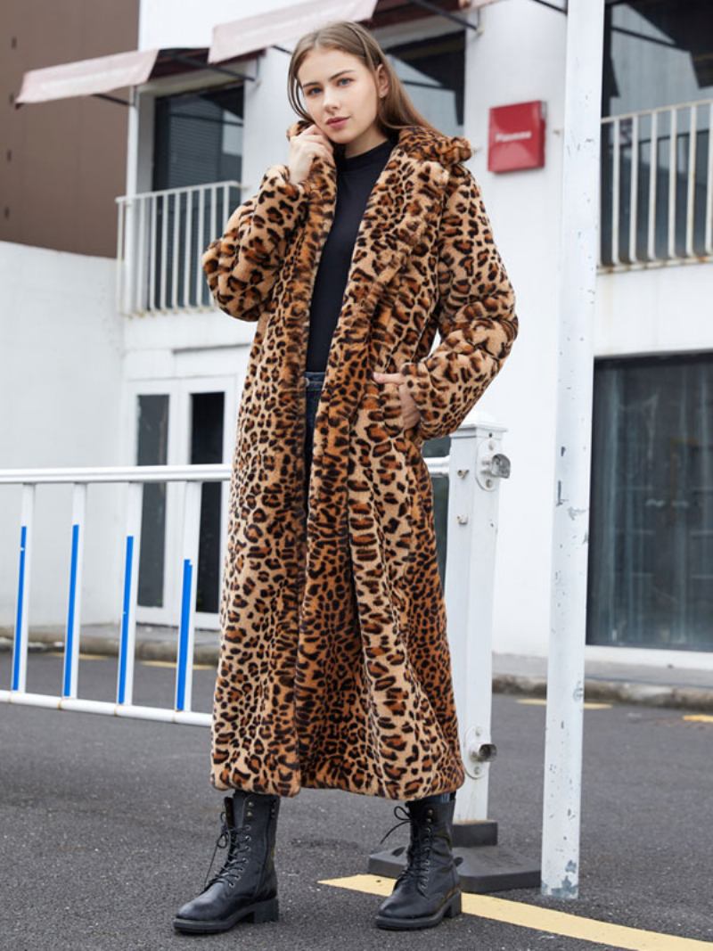 Casacos Longos Pele Sintética Leopardo Inverno Para Mulheres - Café Marrom