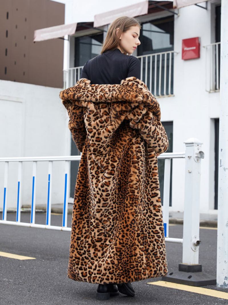 Casacos Longos Pele Sintética Leopardo Inverno Para Mulheres - Café Marrom