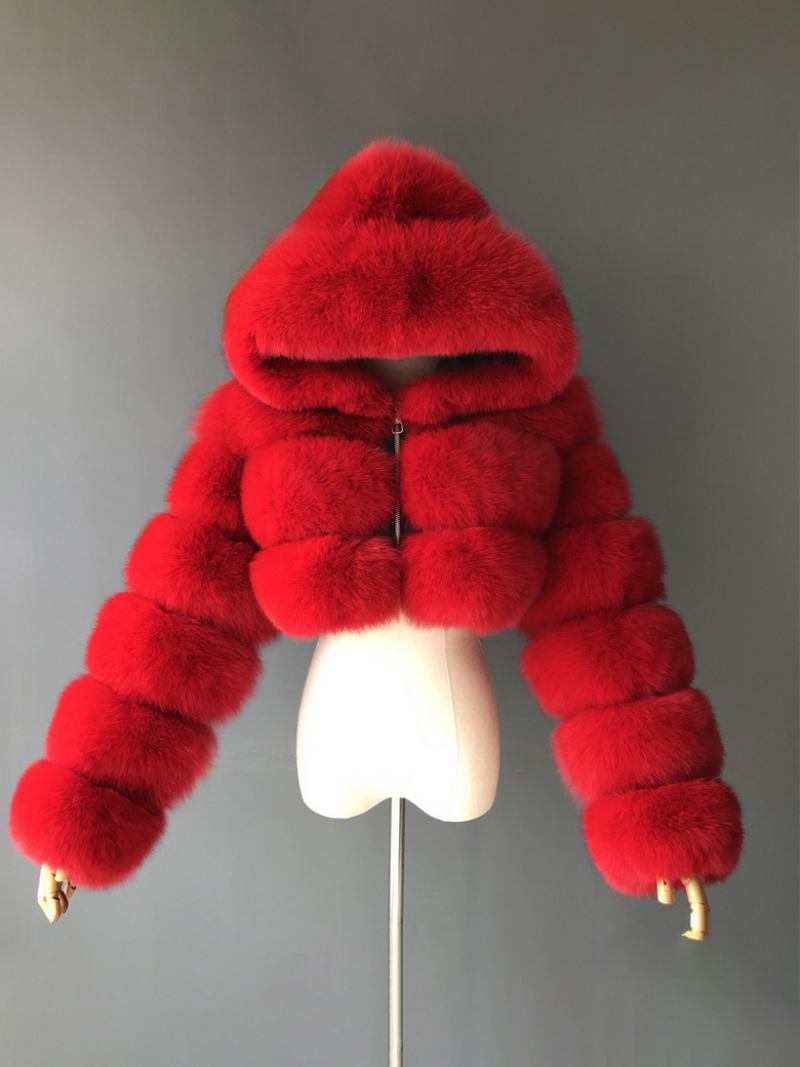 Casacos Pele Sintética Brancos Com Capuz Jaqueta Curta Feminina Inverno - Vermelho