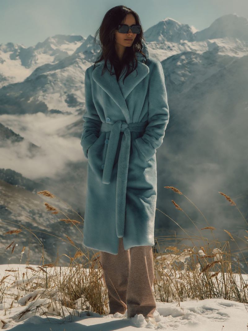 Casacos Pele Sintética Com Cinto Feminino Quente Inverno - Azul