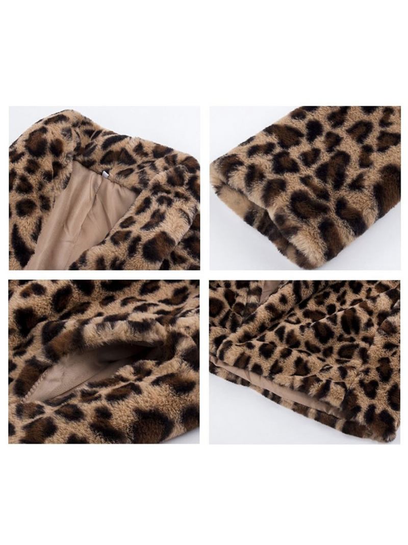 Casacos Pele Sintética Femininos Leopardo Mangas Compridas Estampa Casaco Inverno Grande - Leopardo