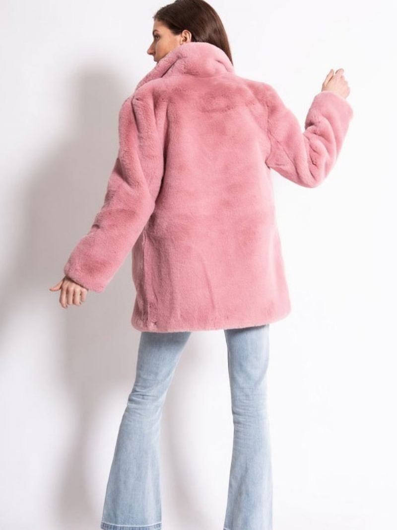 Casacos Pele Sintética Femininos Mangas Compridas Casual Gola Aberta Rosa Casaco Inverno - Rosa