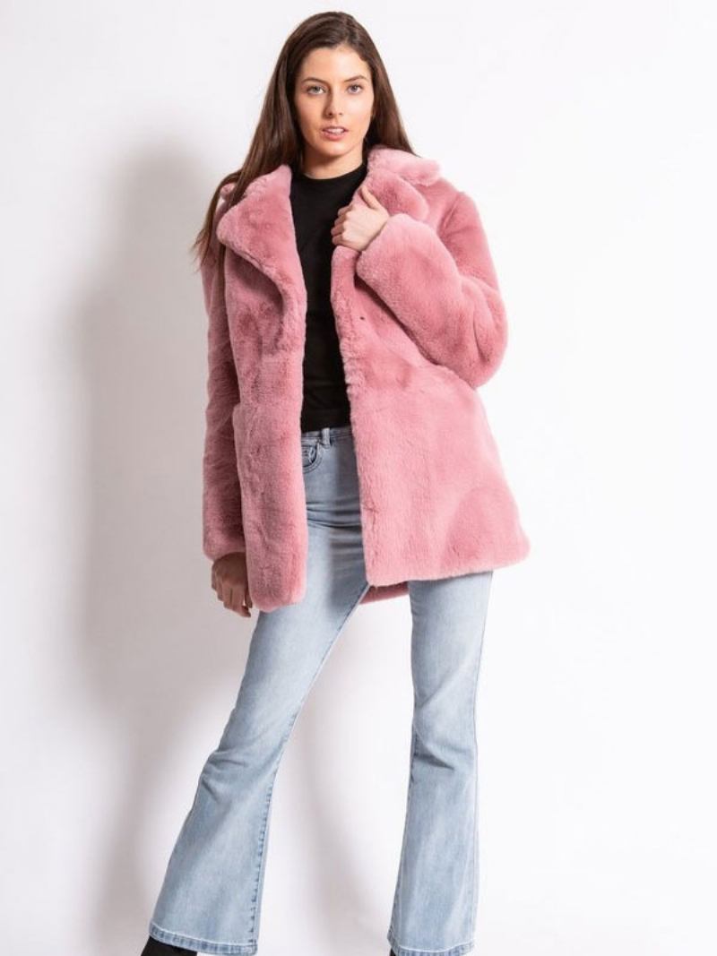 Casacos Pele Sintética Femininos Mangas Compridas Casual Gola Aberta Rosa Casaco Inverno - Rosa