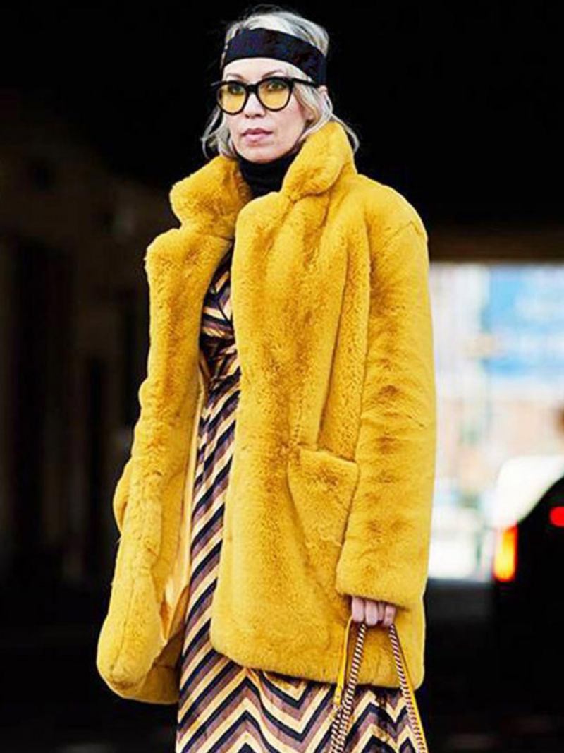 Casacos Pele Sintética Mangas Compridas Casual Casaco Oversized Gola Aberta Damasco Feminino - Amarelo