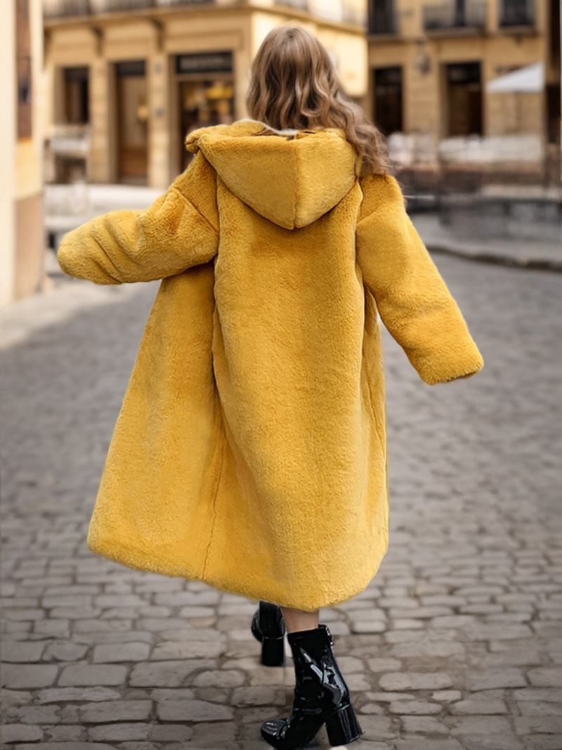 Casacos Pele Sintética Para Mulheres Com Capuz Longo Rosa Casaco Inverno - Amarelo