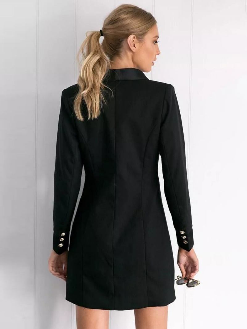 Blazer Jaqueta Dupla Breasted Com Decote Em V Vestido Para Mulheres - Preto