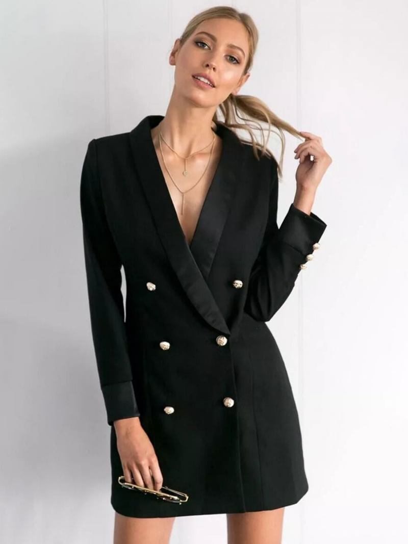 Blazer Jaqueta Dupla Breasted Com Decote Em V Vestido Para Mulheres - Preto