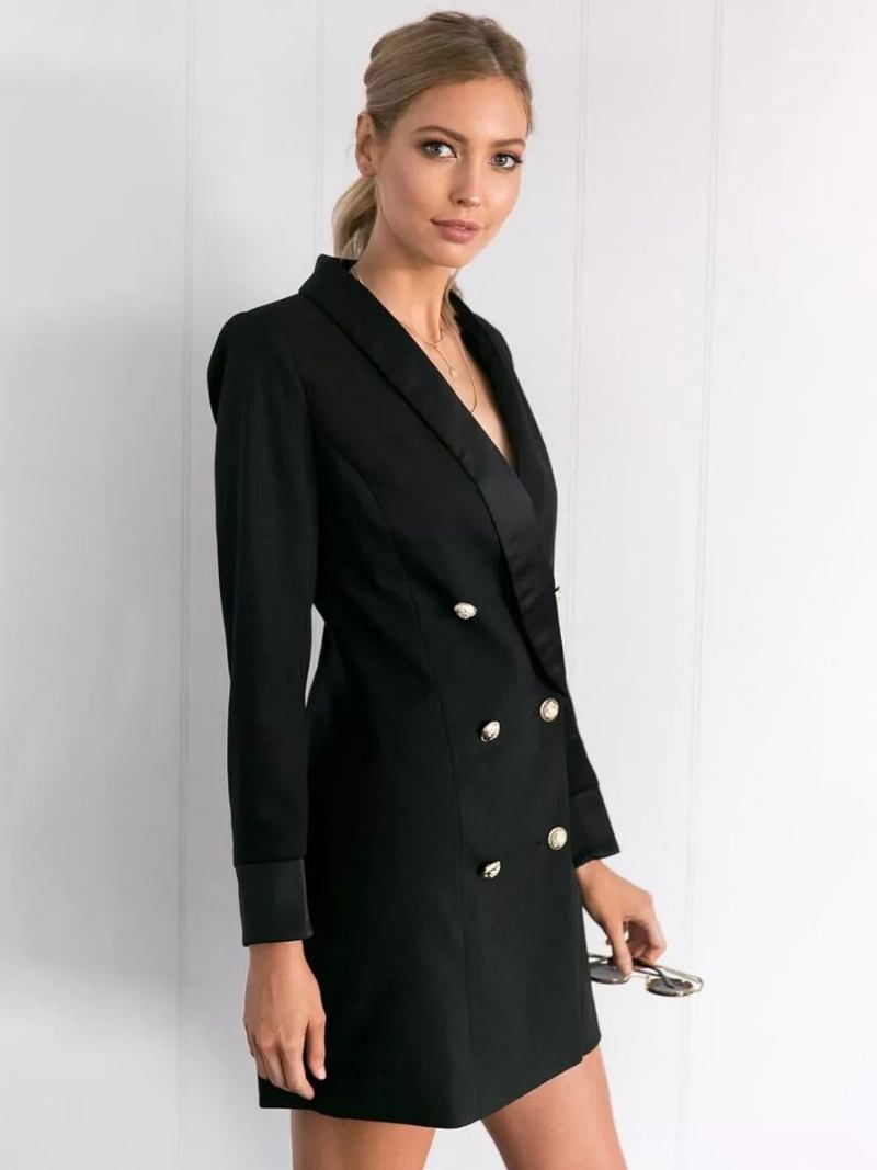 Blazer Jaqueta Dupla Breasted Com Decote Em V Vestido Para Mulheres - Preto