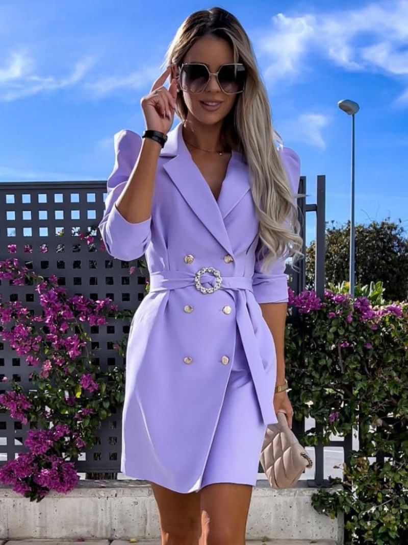 Blazer Vestido Branco Cinto Duplo Breasted Cor Sólida Fino Ajuste Casual Elegante Primavera Outono Outerwear Para Mulher - Roxo