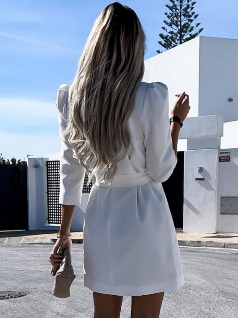 Blazer Vestido Branco Cinto Duplo Breasted Cor Sólida Fino Ajuste Casual Elegante Primavera Outono Outerwear Para Mulher - Branco