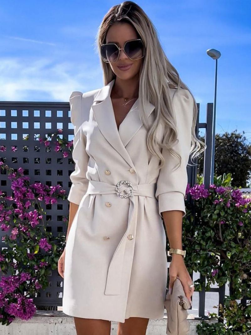 Blazer Vestido Branco Cinto Duplo Breasted Cor Sólida Fino Ajuste Casual Elegante Primavera Outono Outerwear Para Mulher - Caqui