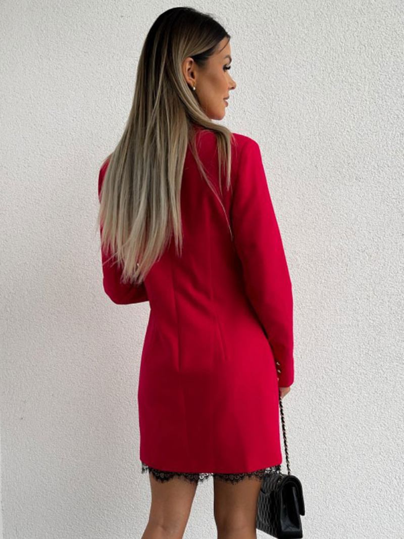 Blazer Vestido Duplo Breasted Cor Sólida Renda Bainha Relaxado Ajuste Casual Primavera Outono Outerwear Para Mulher - Vermelho