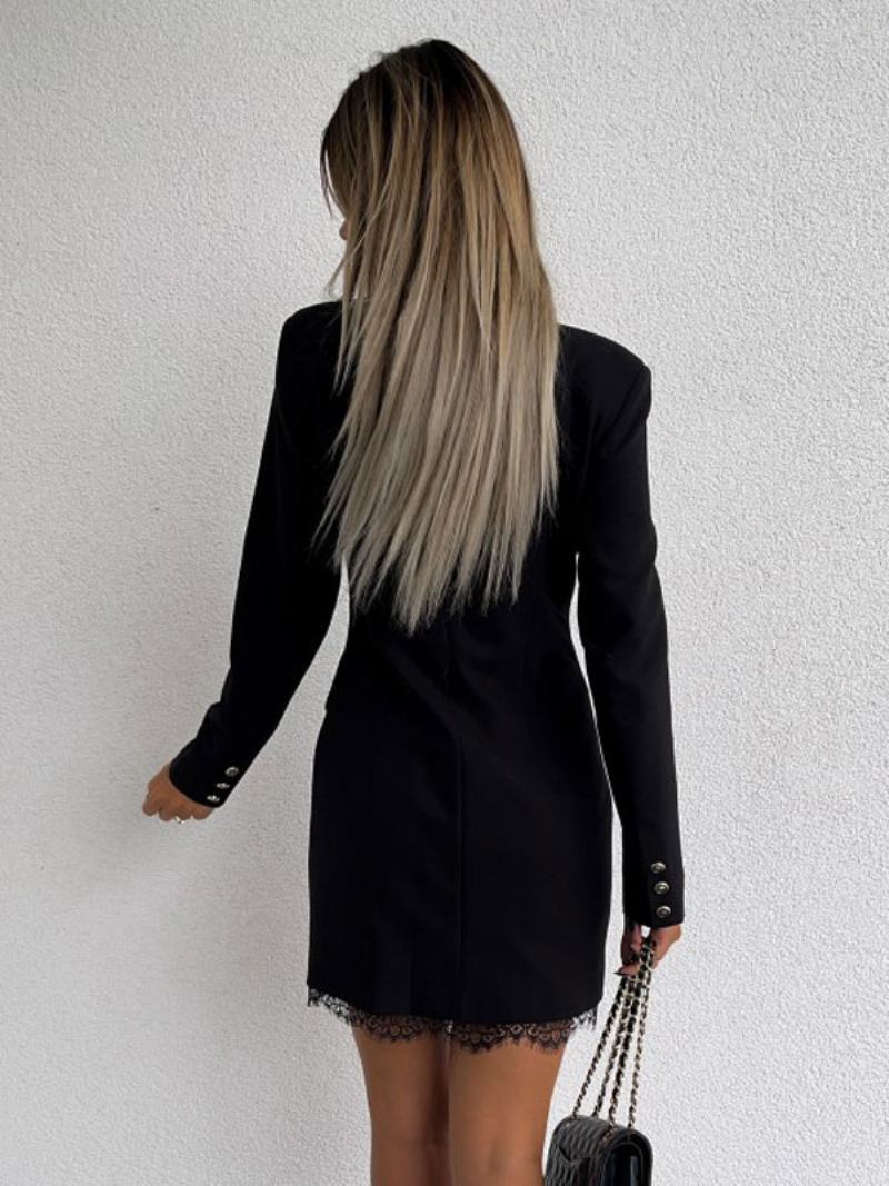 Blazer Vestido Duplo Breasted Cor Sólida Renda Bainha Relaxado Ajuste Casual Primavera Outono Outerwear Para Mulher - Preto