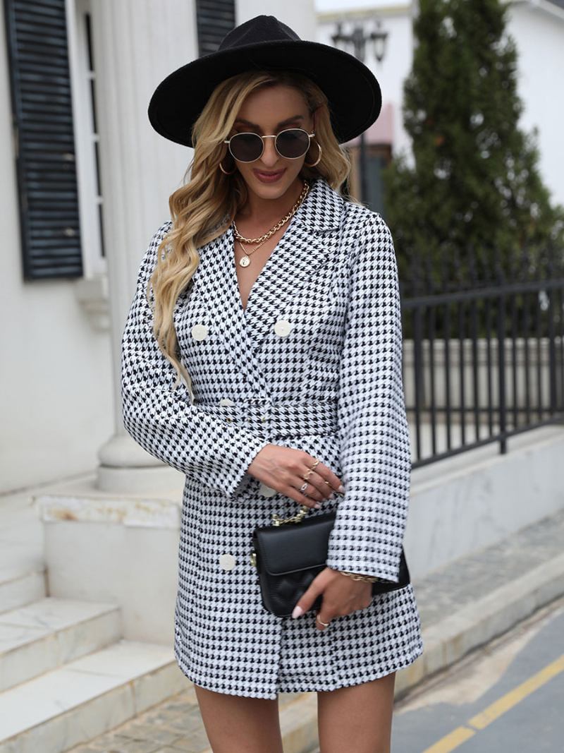 Blazer Vestido Houndstooth Xadrez Duplo Breasted Fino Ajuste Casual Cinto Primavera Outono Outerwear Para Mulher - Preto 