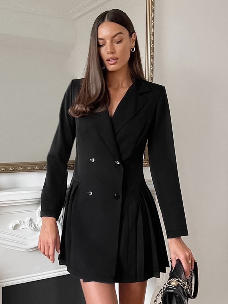 Vestidos Blazer Feminino Com Lapela Entalhada Trespassado Plissado Casual Minivestido - Preto