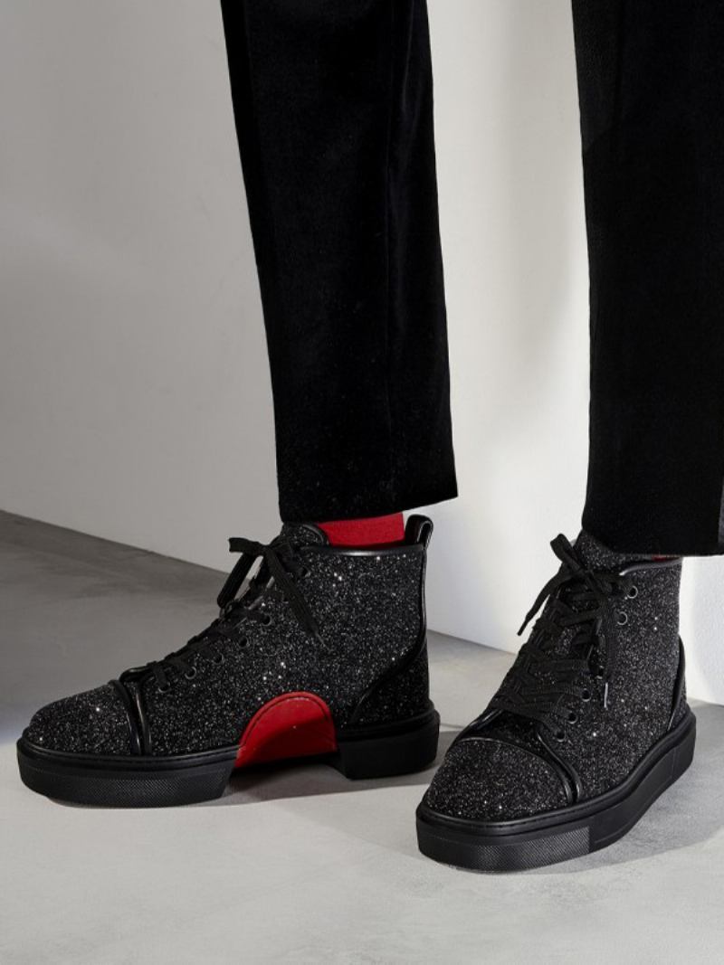 Sapatos Masculinos Couro Pu Preto Com Bico Redondo E Glitter Cadarço Para Baile Basquete - Preto