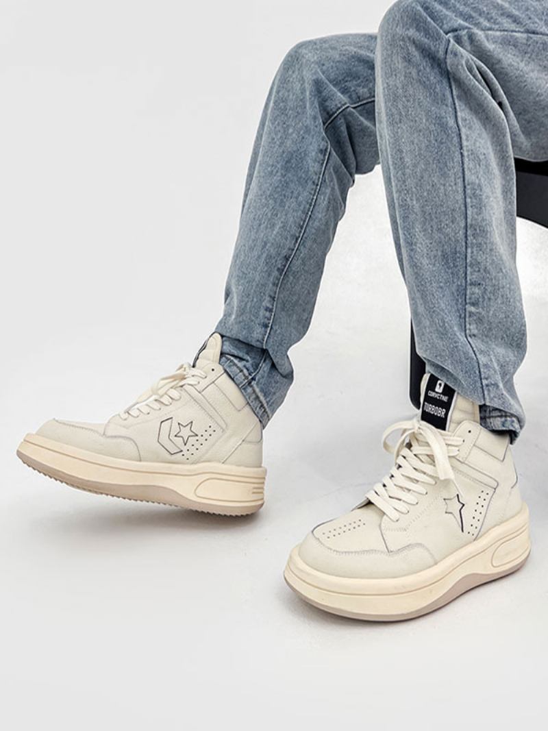 Tênis Masculino Confortável Couro Vaca Redondo Sapatos Causais - Branco