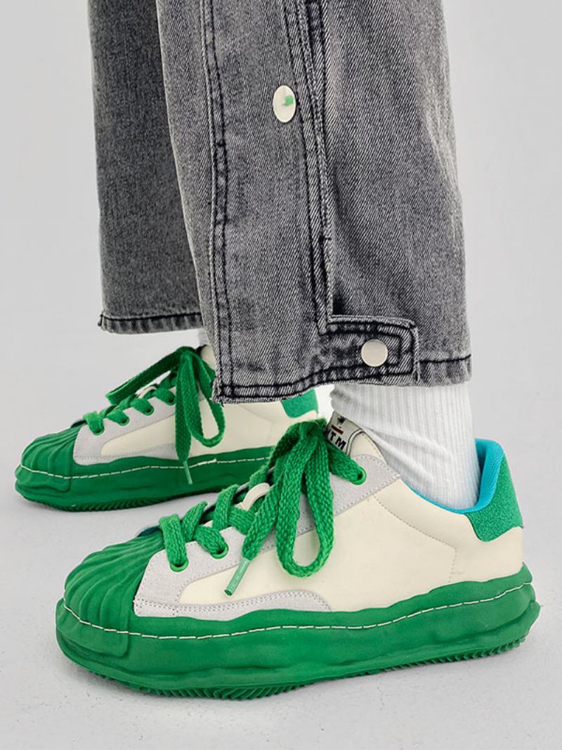 Tênis Masculino Confortável Lona Redonda Toe Color Block - Verde