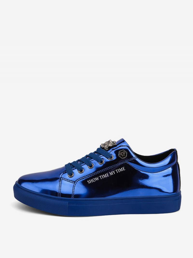 Tênis Masculino Couro Envernizado Bico Redondo Sapatos Causais Azuis - Azul