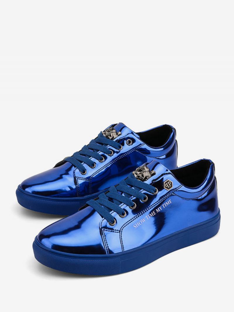 Tênis Masculino Couro Envernizado Bico Redondo Sapatos Causais Azuis - Azul