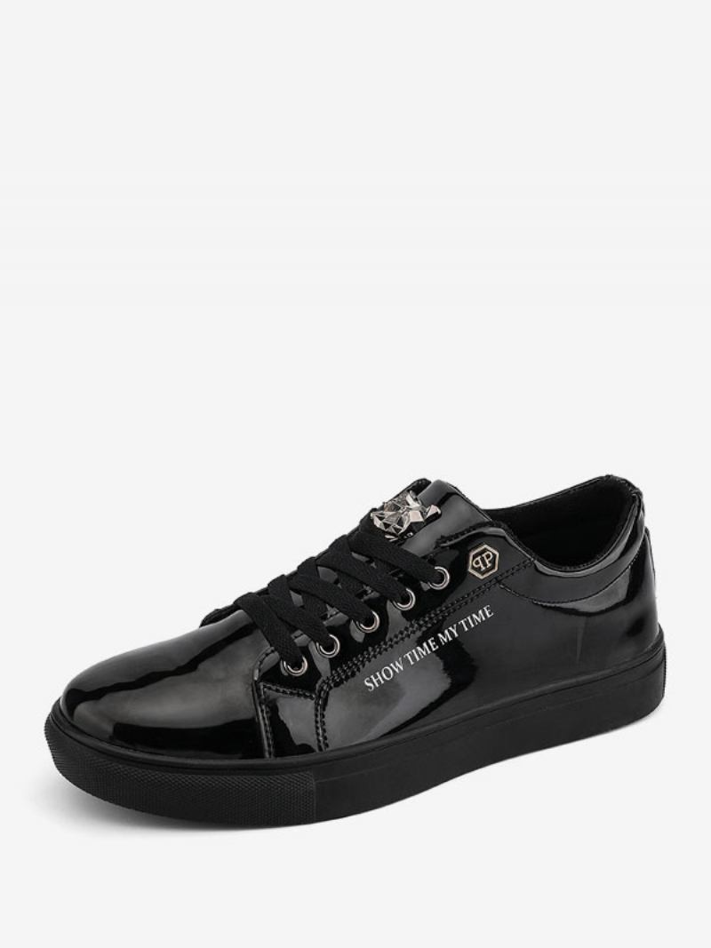 Tênis Masculino Couro Envernizado Bico Redondo Sapatos Causais Azuis - Preto