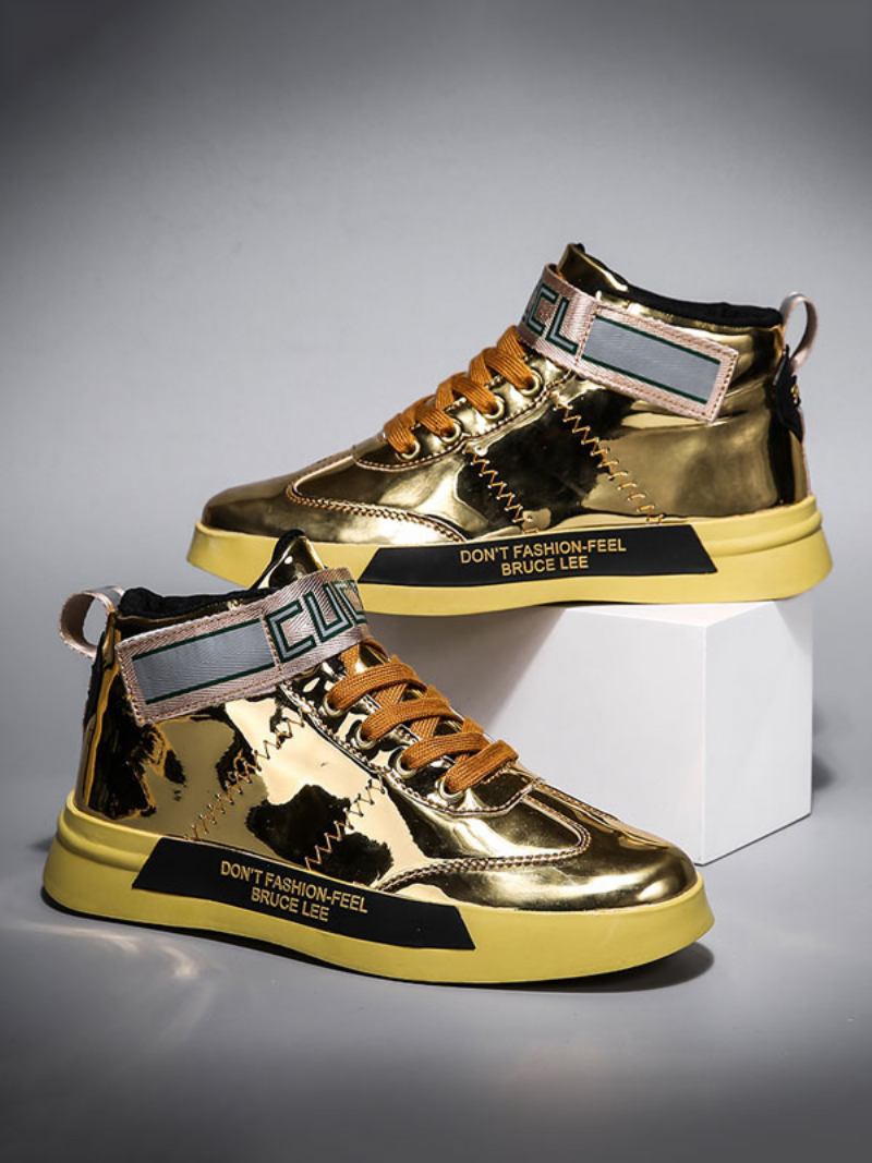 Tênis Masculino Fashion Couro Pu Bico Redondo Com Alça Monge Sapatos Skate - Ouro