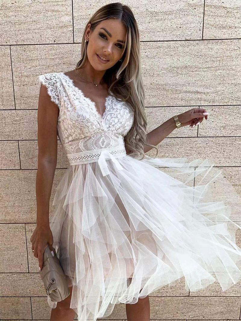 Minivestido Feminino Renda Recortada Com Costas Em V Saia Tule Camadas Vestidos Festa Aniversário - Branco