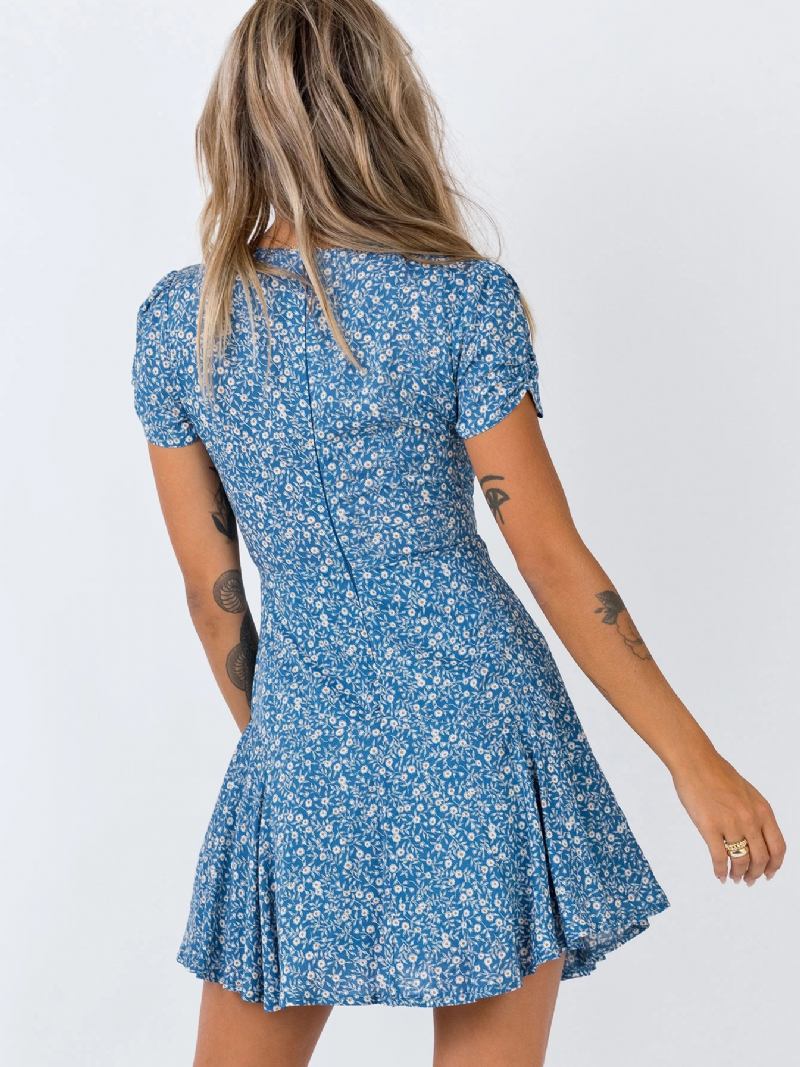 Vestido Boho Feminino Com Decote Em V Manga Curta Estampa Floral Midi Verão - Azul