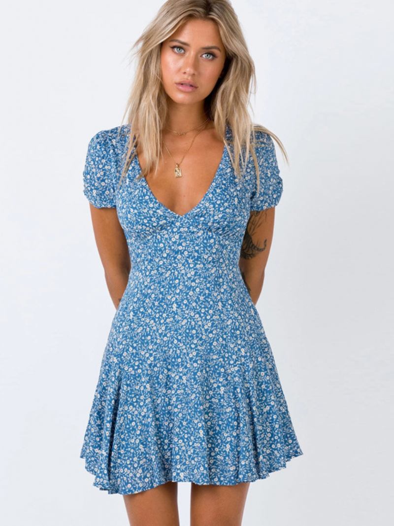 Vestido Boho Feminino Com Decote Em V Manga Curta Estampa Floral Midi Verão - Azul