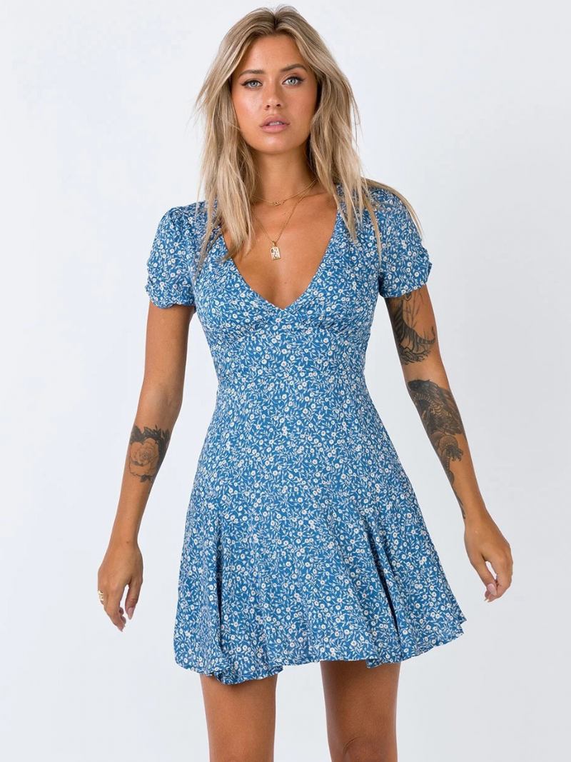 Vestido Boho Feminino Com Decote Em V Manga Curta Estampa Floral Midi Verão - Azul