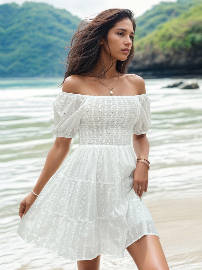 Vestido Boho Feminino Sem Alças Com Gola Bateau E Mangas Curtas Em Camadas Praia