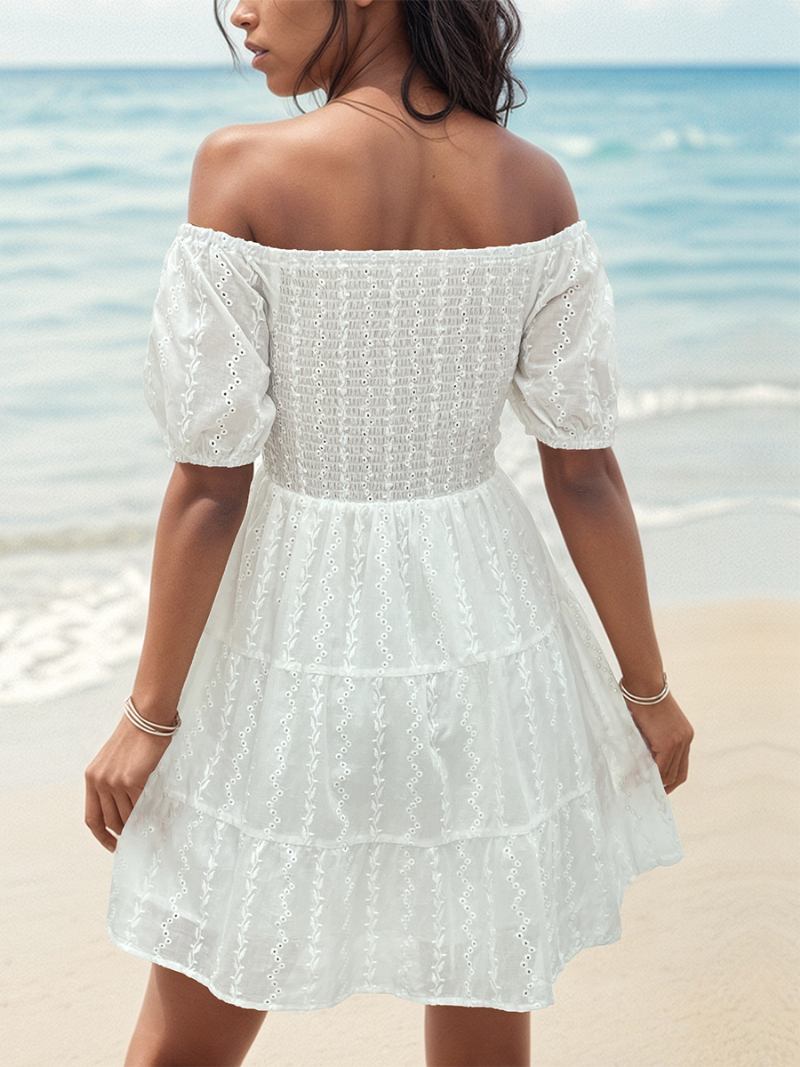 Vestido Boho Feminino Sem Alças Com Gola Bateau E Mangas Curtas Em Camadas Praia - Branco