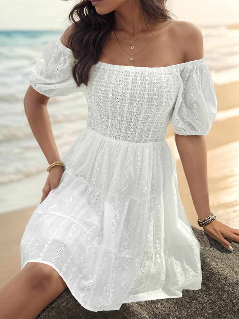 Vestido Boho Feminino Sem Alças Com Gola Bateau E Mangas Curtas Em Camadas Praia - Branco