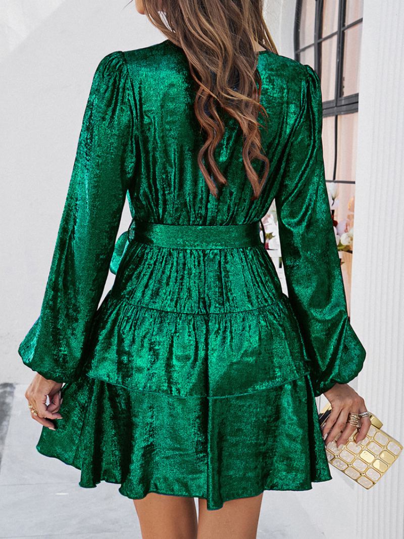 Vestido Curto Feminino Com Decote Em V Mangas Compridas Minivestidos Festa Camadas - Verde