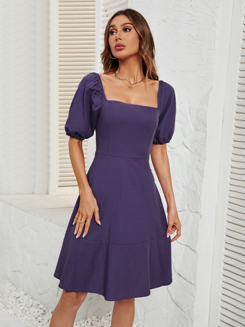 Vestido Curto Feminino Com Ombros Fora Costas Nuas Mangas Bufantes Vestidos Casuais Verão - Roxo