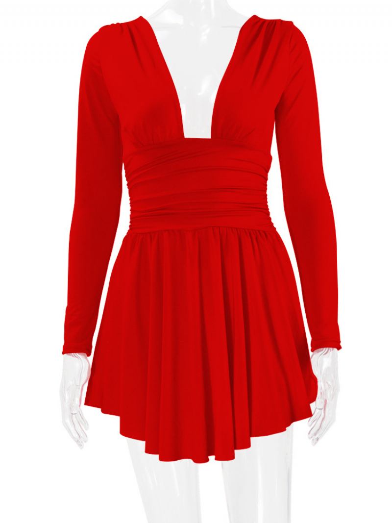 Vestido Feminino Justo E Flare Com Mangas Compridas Vestidos Curtos Em Cor Sólida - Vermelho