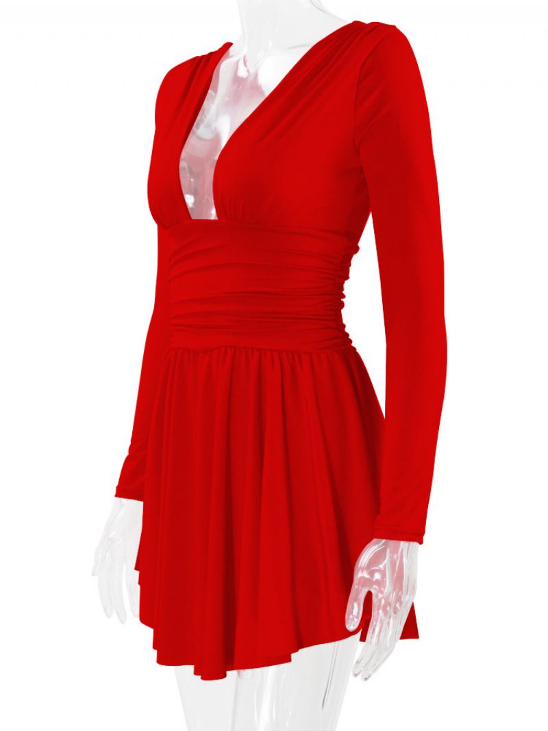 Vestido Feminino Justo E Flare Com Mangas Compridas Vestidos Curtos Em Cor Sólida - Vermelho