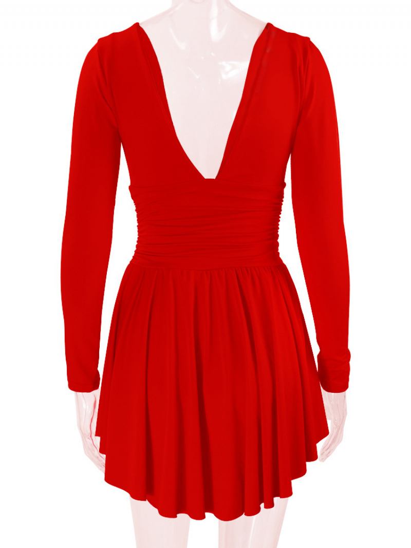 Vestido Feminino Justo E Flare Com Mangas Compridas Vestidos Curtos Em Cor Sólida - Vermelho