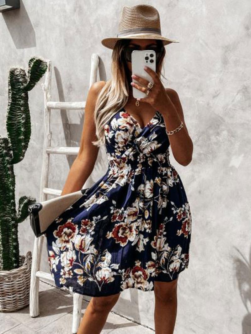 Vestido Feminino Verão Branco Com Decote Em V Mangas Estampa Floral Midi Praia